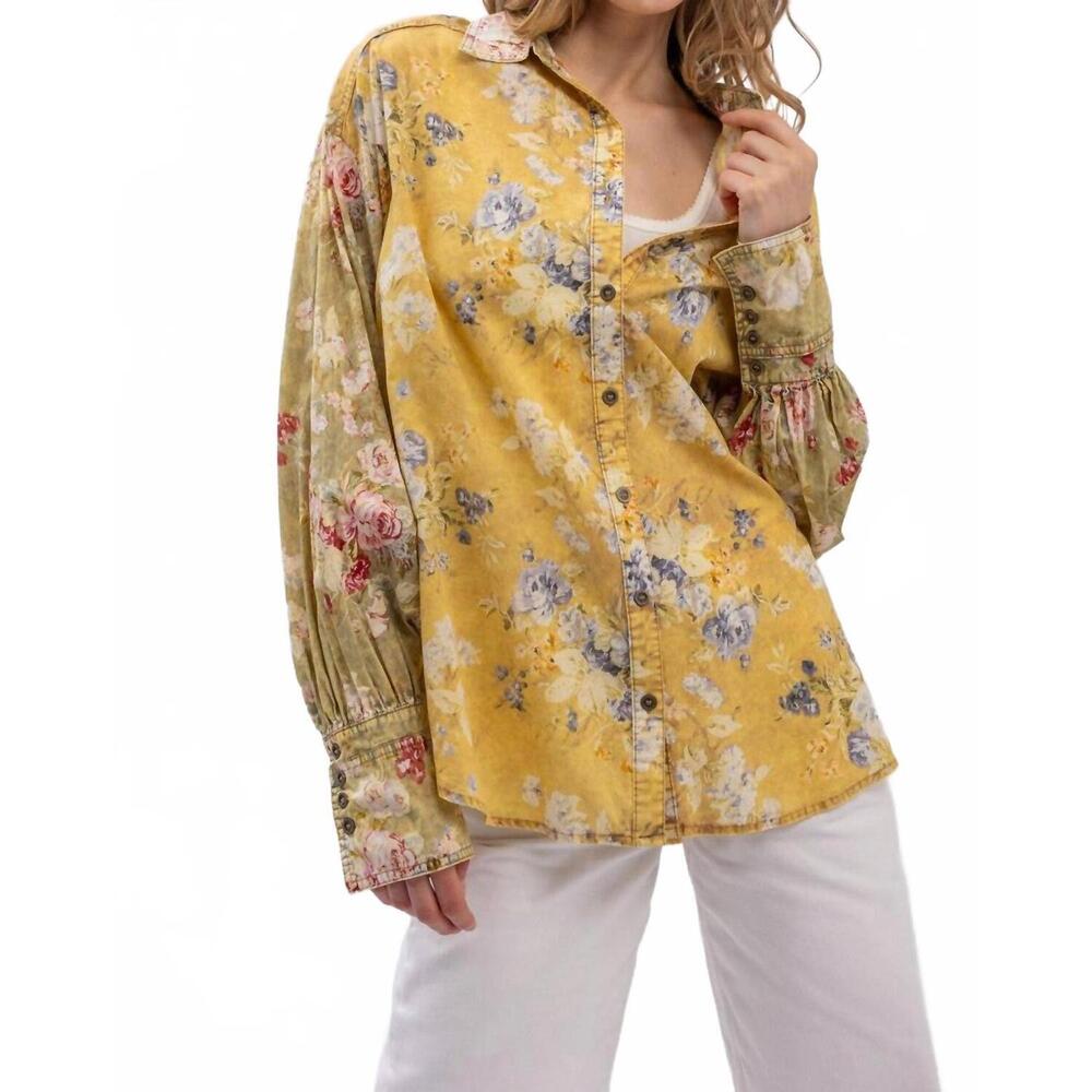 NEW BLUE VELVET floral print button down shirt in yellow multi
